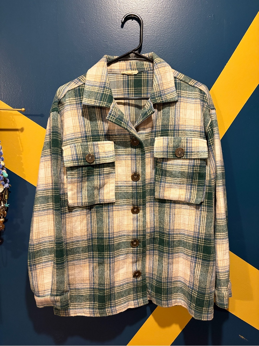 Jodifl Green, Cream & Blue Button Front Shacket EUC